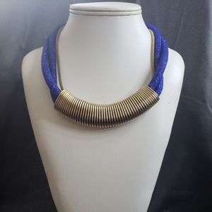 Blue Bead and Gold Wire Wrapped Collar Necklace